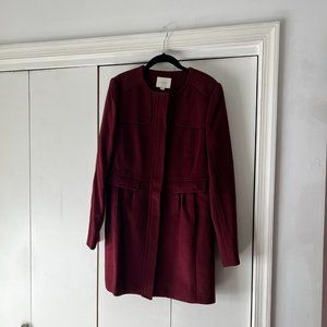 NWT! LOFT Burgundy Zip Collarless Winter Coat - 52% Wool - Size Medium